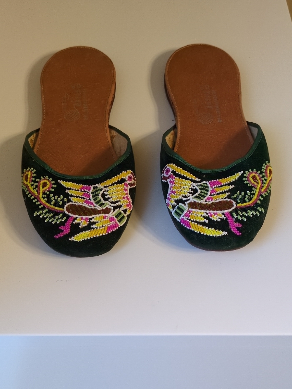 Embroidered Green Beaded Slip-On Women's Flats